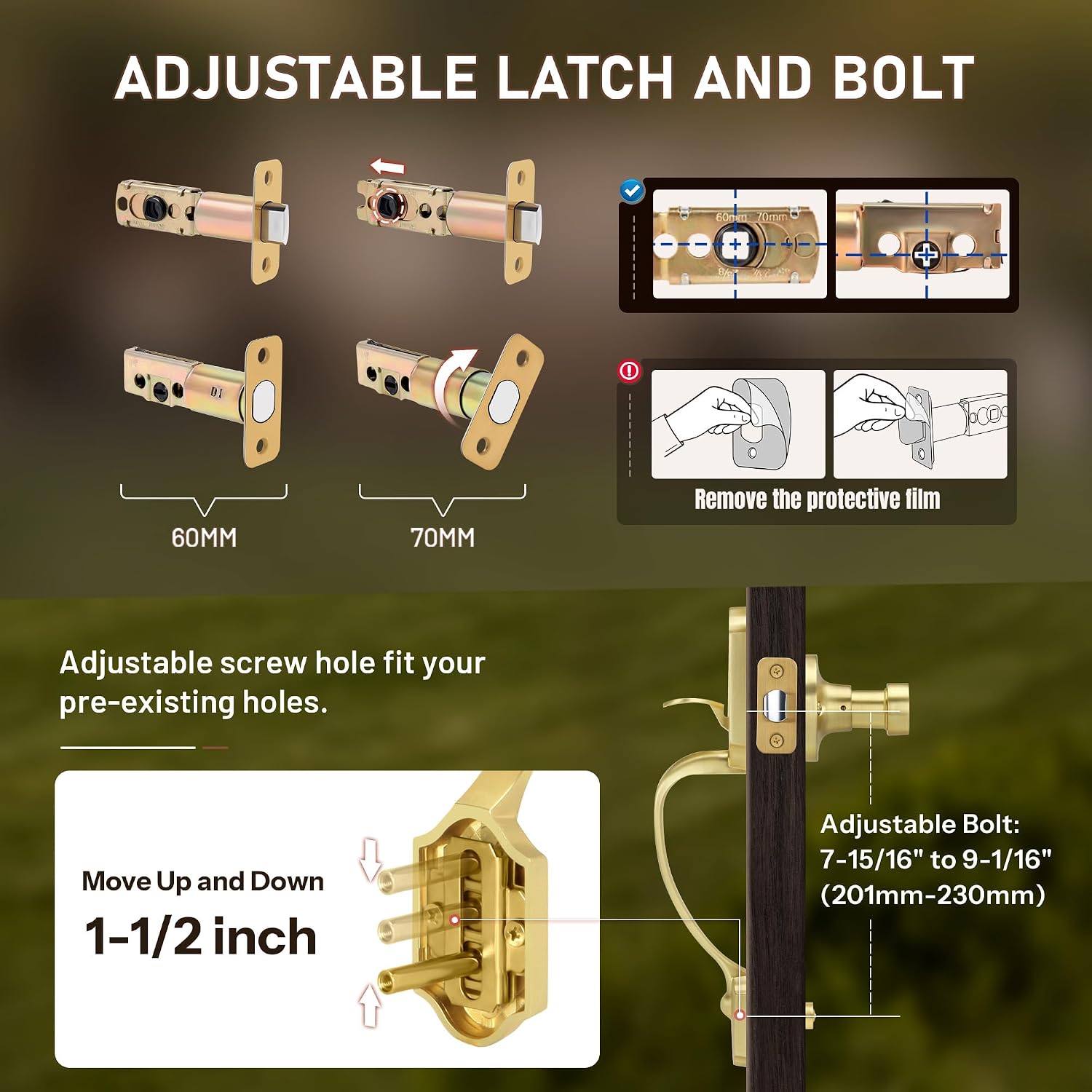 Double Front Door Handle Set with Dummy and Deadbolt, Brushed Gold Entry Front Door Lock Set with Gold Classic Half Grip Curved Door Handle for Exterior Doors or Office, Satin Brass