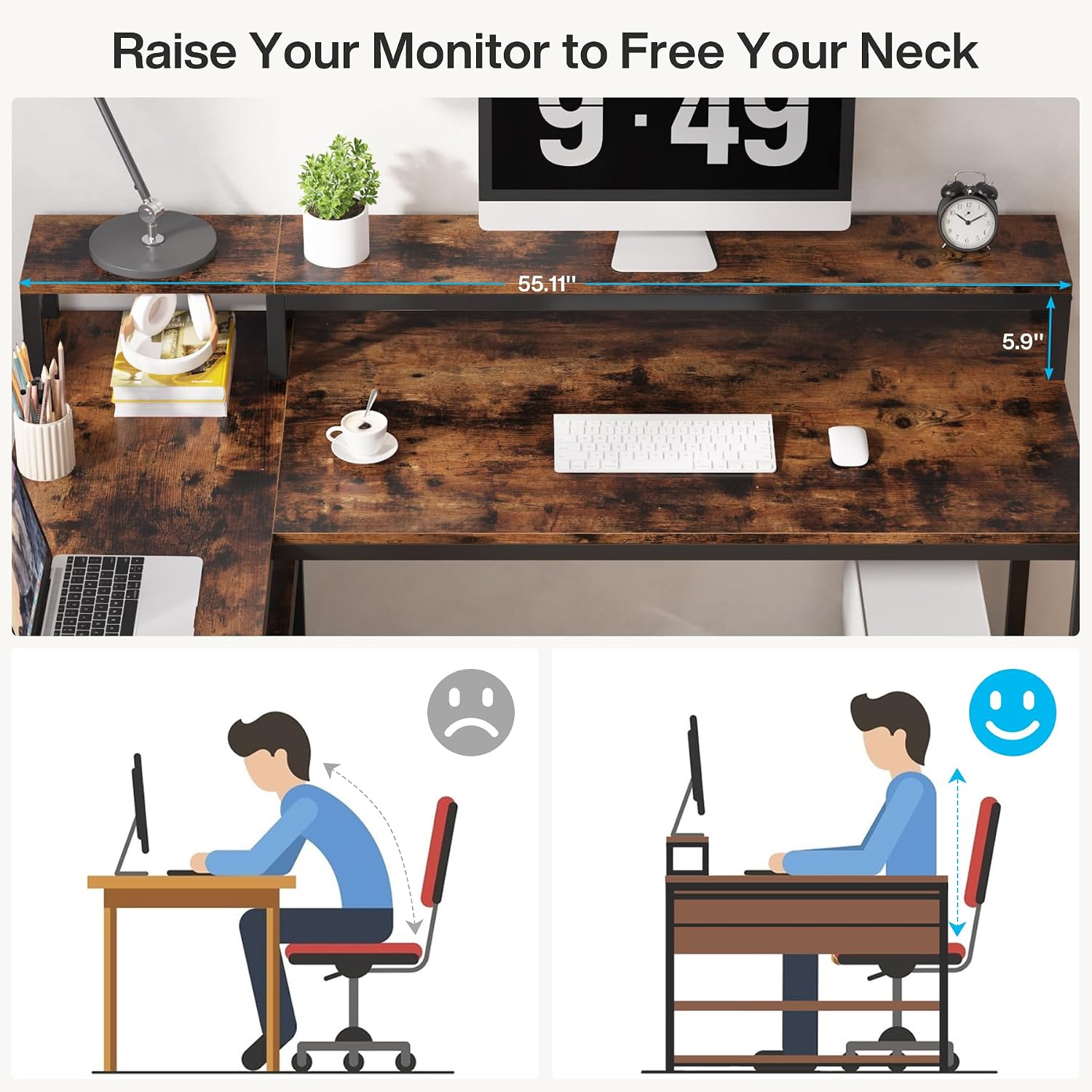 Tribesigns L Shaped Desk with Drawers and Storage Shelves, Home Office L Corner Desk with Monitor Stand, 55' x 24' Desktop Computer Table, Gaming Study Table for Small Space