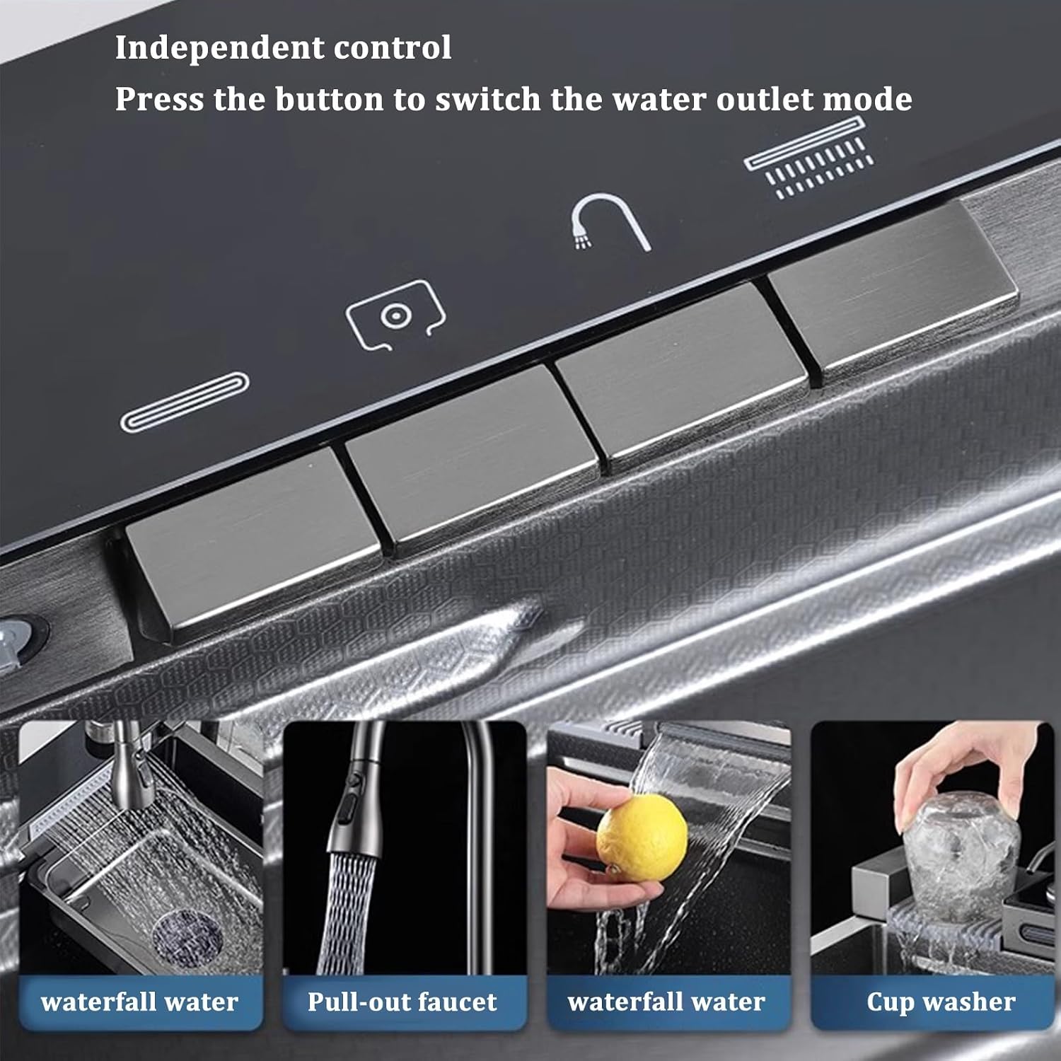 Stainless Steel Sink Black Kitchen Sink Digital Waterfall Faucet Single Bowl Sink with Cup Washer Knob Controlled Drainage (75x46x22cm