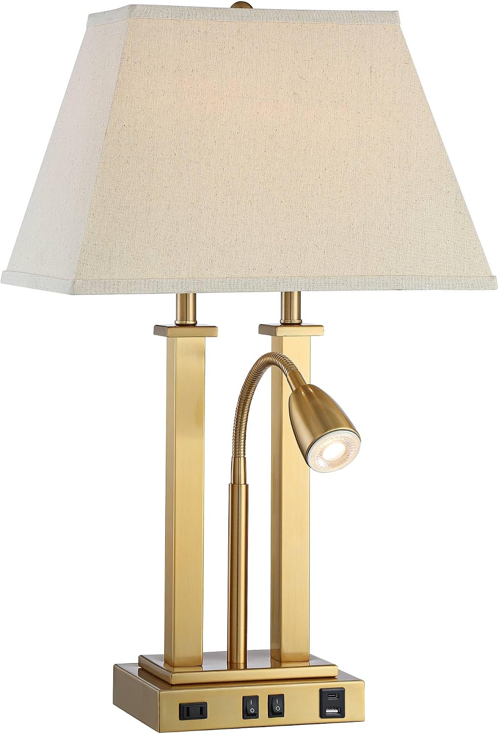 Possini Euro Design Deacon Modern Desk Table Lamp with USB and AC Power Outlet in Base LED Gooseneck 26' High Antique Brass Oatmeal Linen Drum Shade for Living Room Bedroom Bedside Nightstand