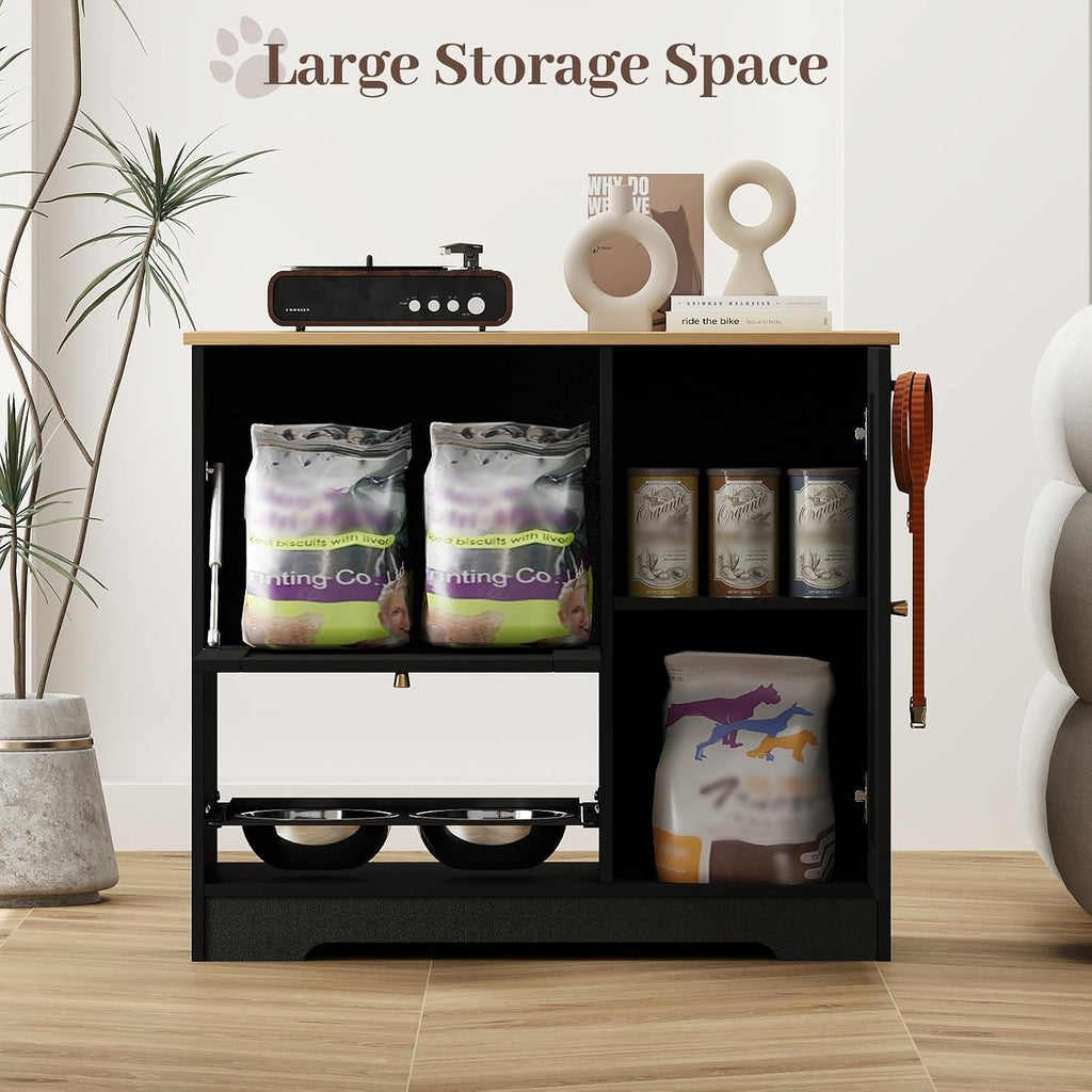 Rovibek Dog Food Storage Cabinet with 2 Raised Dog Bowls, Pet Food Cabinet Feeding Station with Tilt Out Storage Cabinets, Pet Feeding Station for 2 Dogs, Black