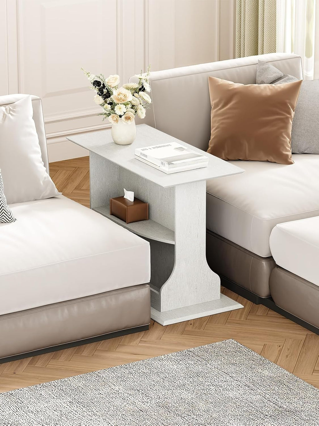 HIFYOBRO Set of 2 Skinny Side Table for Small Spaces, 24' Tall 3-Tier Slim End Table with Double-Sided Storage, Rustic White Narrow Sofa Side Table for Living Room Bedroom Office