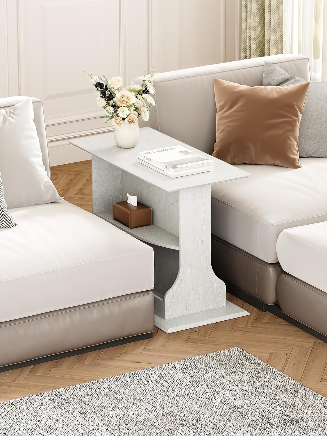 HIFYOBRO Set of 2 Skinny Side Table for Small Spaces, 24' Tall 3-Tier Slim End Table with Double-Sided Storage, Rustic White Narrow Sofa Side Table for Living Room Bedroom Office