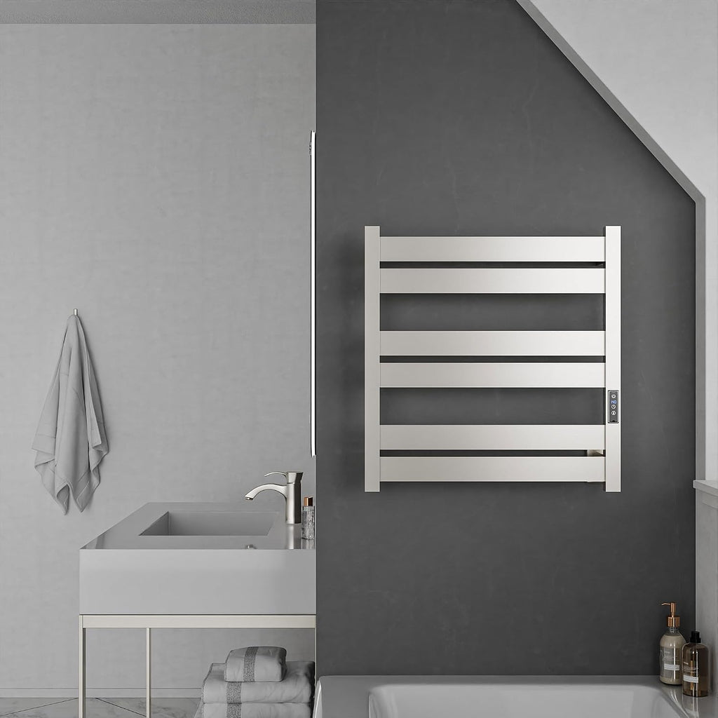 ANZZI Starling 6-Bar Wall Mounted Brushed Nickel Towel Warmer, Energy Efficient 80W Electric Plug in Heated Towel Rack for Bathroom, Stainless Steel Towel Heater Rail Quick Towel Dryer, TW-AZ025BN