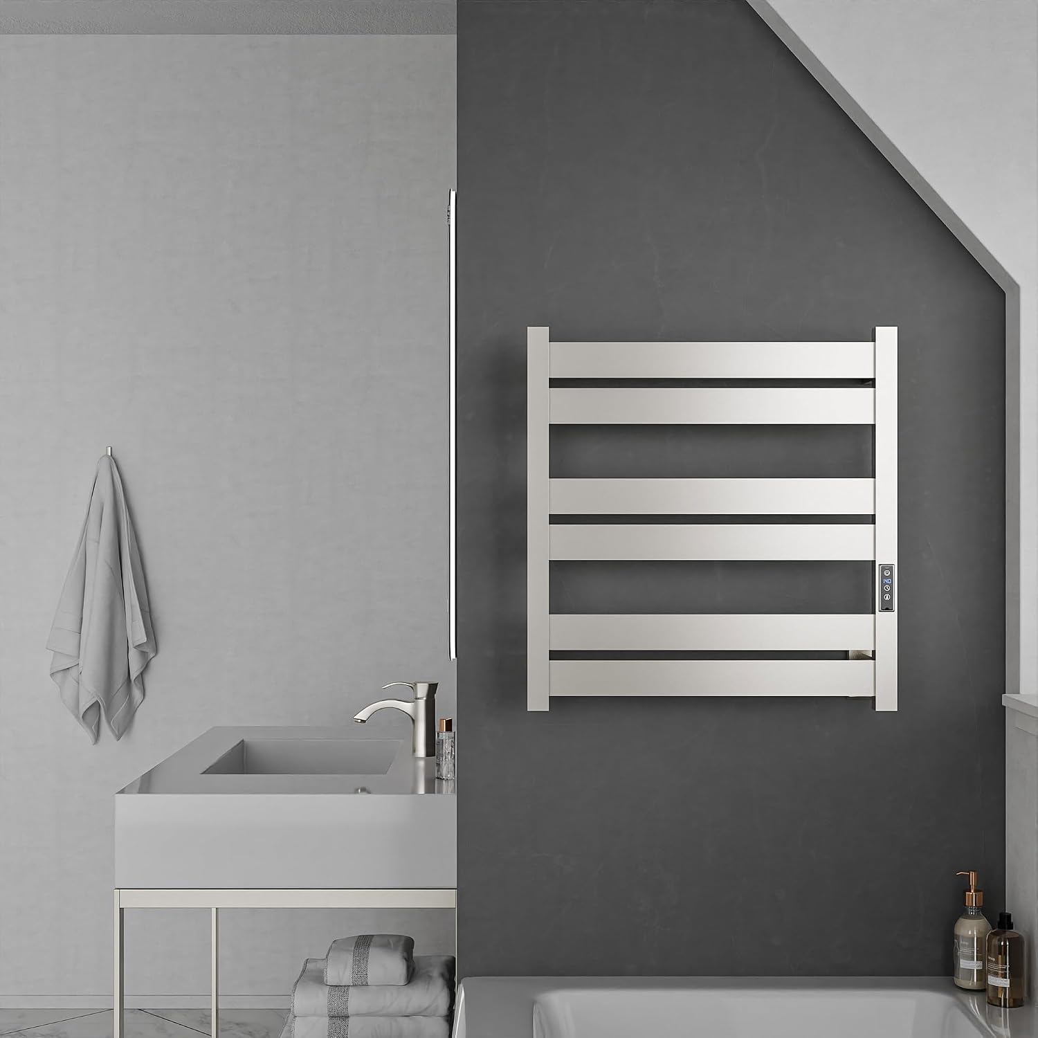 ANZZI Starling 6-Bar Wall Mounted Brushed Nickel Towel Warmer, Energy Efficient 80W Electric Plug in Heated Towel Rack for Bathroom, Stainless Steel Towel Heater Rail Quick Towel Dryer, TW-AZ025BN