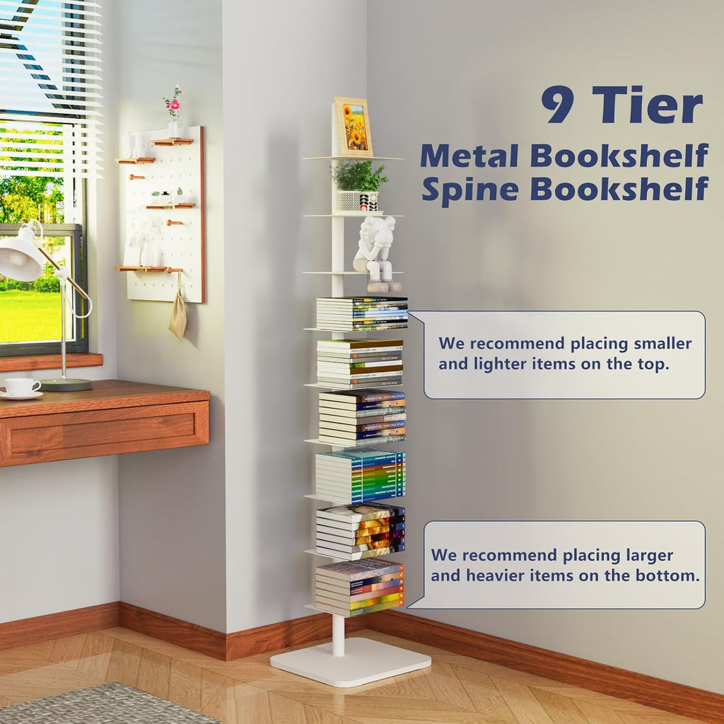 Choowin 9-Shelf Metal Spine Bookshelf Vertical Bookshelf, Adjustable Modern Floating Narrow Tree Book Shelf Book Tower, Display Shelf for Bedroom Living Room Office, 70 inch Tall, White