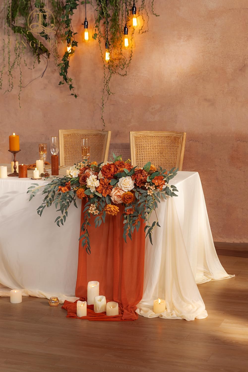 TINGE TIME Artificial Sweetheart Flower Swag with Tablecloth and Table Runner, Pack of 3 Floral Arrangement for Autumn Wedding Sweetheart Table Centerpiece Fall Decoration (Terracotta)