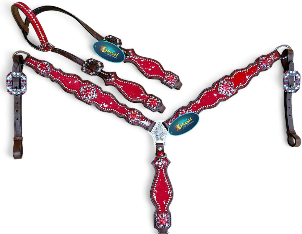 Western Leather Headstall & Breast Collar Set for Horses - Valentine's Day Silver Metallic Cowhide with Rhinestones