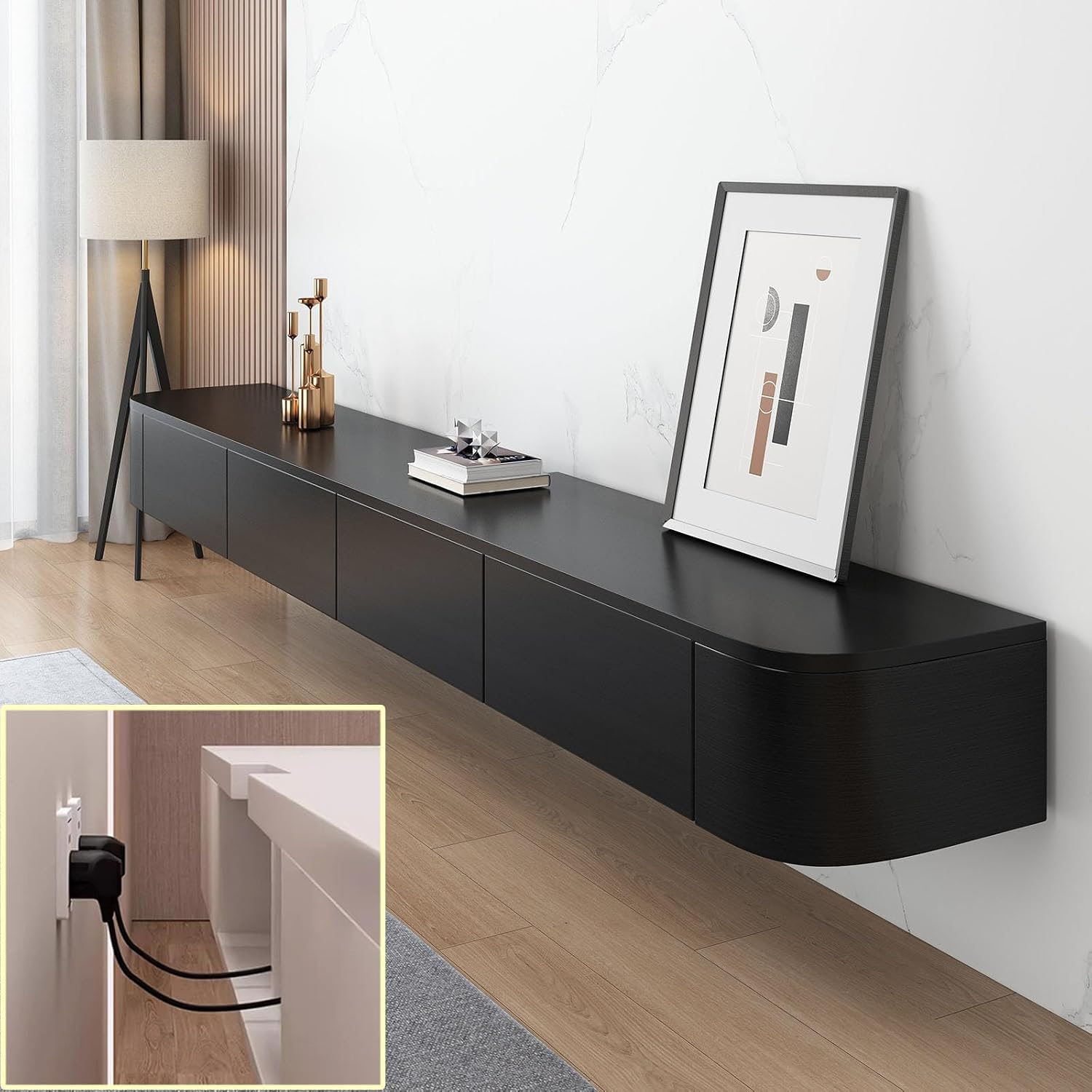 Floating TV Stand Large Floating TV Shelves Wall Mounted Multi Storage Compartment TV Media Console Floating TV Cabinet Bench Under TV Large Storage TV Lowboard (Black, 70.9 * 7.9 * 9.4 in)