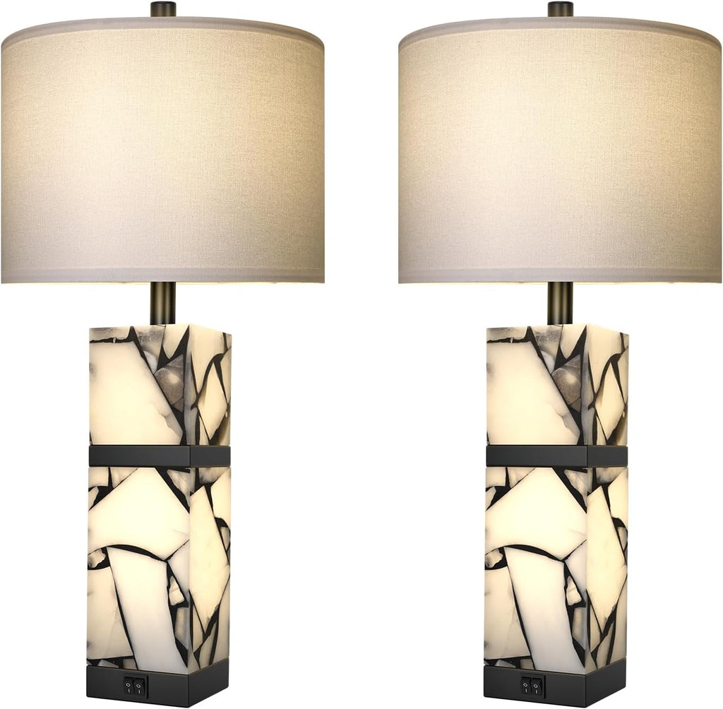 Scenekoy 27' Alabaster Table Lamps Set of 2 with Night Light for Living Room Bedroom, Nightstand Lamps with Linen Shade, Modern Bedroom Lamps with USB A+C Ports for Living Room Office (Bulb Included)