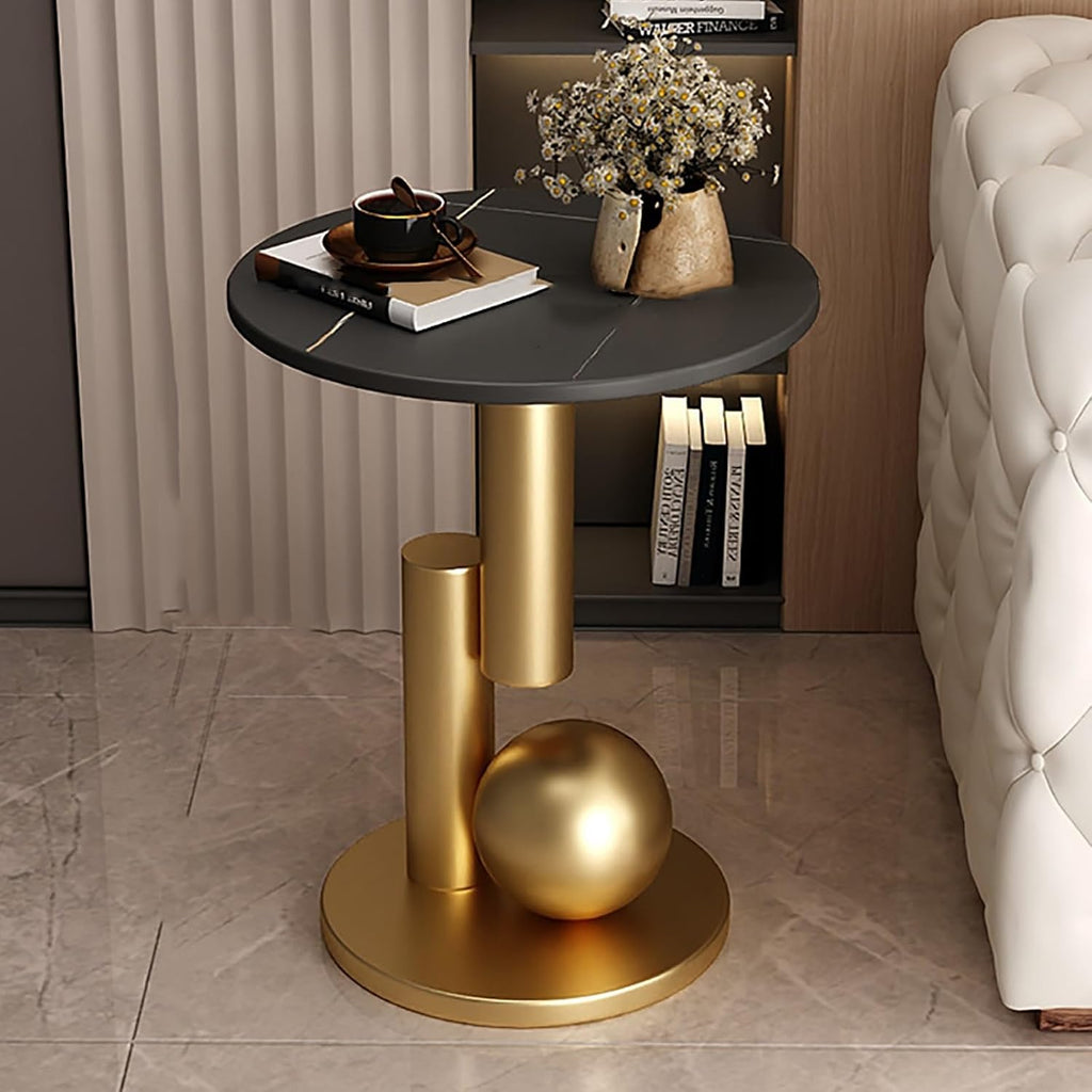 Round Side Table, Accent End Table, Sofa Side Table, Small Drink Table, Great for Living Room, Bedroom, Indoor & Outdoor (Color : Black+Gold, Size : 50x55cm)