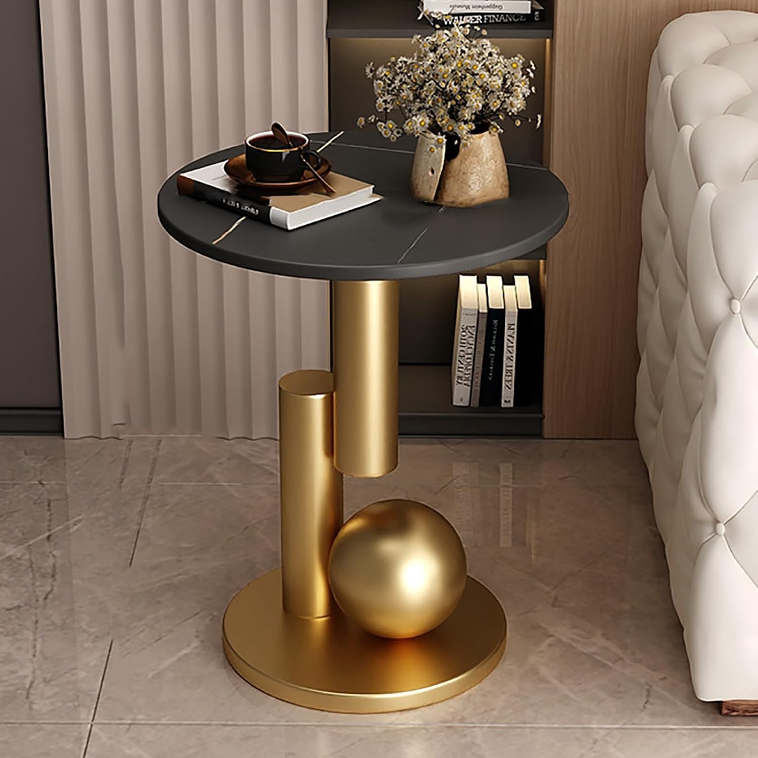 Round Side Table, Accent End Table, Sofa Side Table, Small Drink Table, Great for Living Room, Bedroom, Indoor & Outdoor (Color : Black+Gold, Size : 50x55cm)