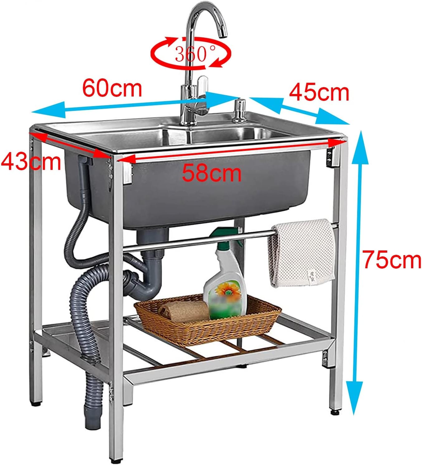 Single Bowl Sink Free Standing - Stainless-Steel Commercial Restaurant Kitchen Sink - Utility Sink for Laundry Room Bathroom Farmhouse - Portable Outdoor Si(60x45x75cm