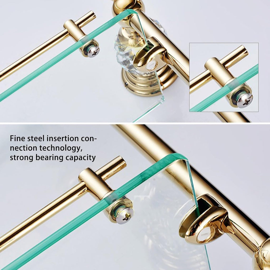 2-Tier Gold Wall Mounted Tempered Glass Bathroom Shelf with Towel Rack - Modern, Contemporary Style