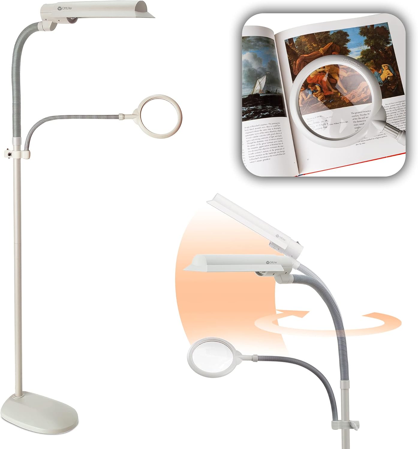 OttLite 18w EasyView Standing Floor Lamp with Optical Grade 3X Magnifier Attachment Arm & Flexible Neck - Wide Wing Shade with Modern Design for Crafting, Work, Office, Dorm Room, Sewing & Reading