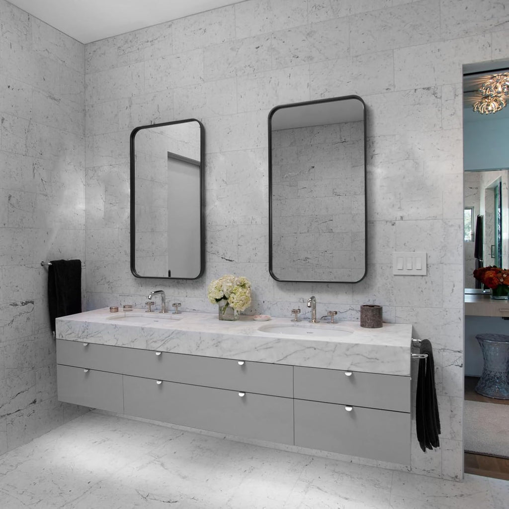 Basicwise Plastic Medicine Cabinet with Beveled Edge Mirror Door and Round Corner Metal Frame, Surface or Recessed Mount Options, Bathroom Wall Mounted Vanity Cabinet with 2 Adjustable Shelves, Black