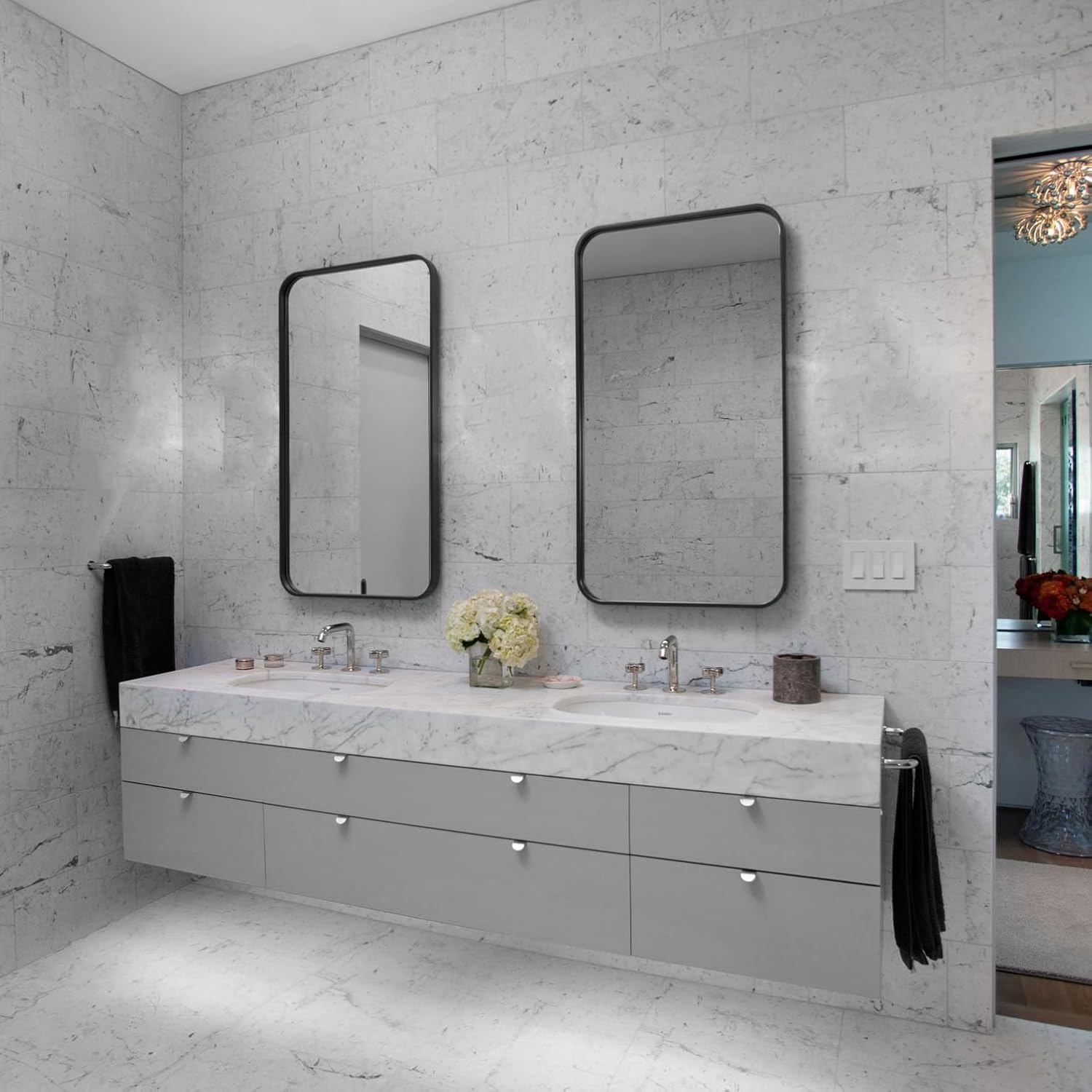 Basicwise Plastic Medicine Cabinet with Beveled Edge Mirror Door and Round Corner Metal Frame, Surface or Recessed Mount Options, Bathroom Wall Mounted Vanity Cabinet with 2 Adjustable Shelves, Black