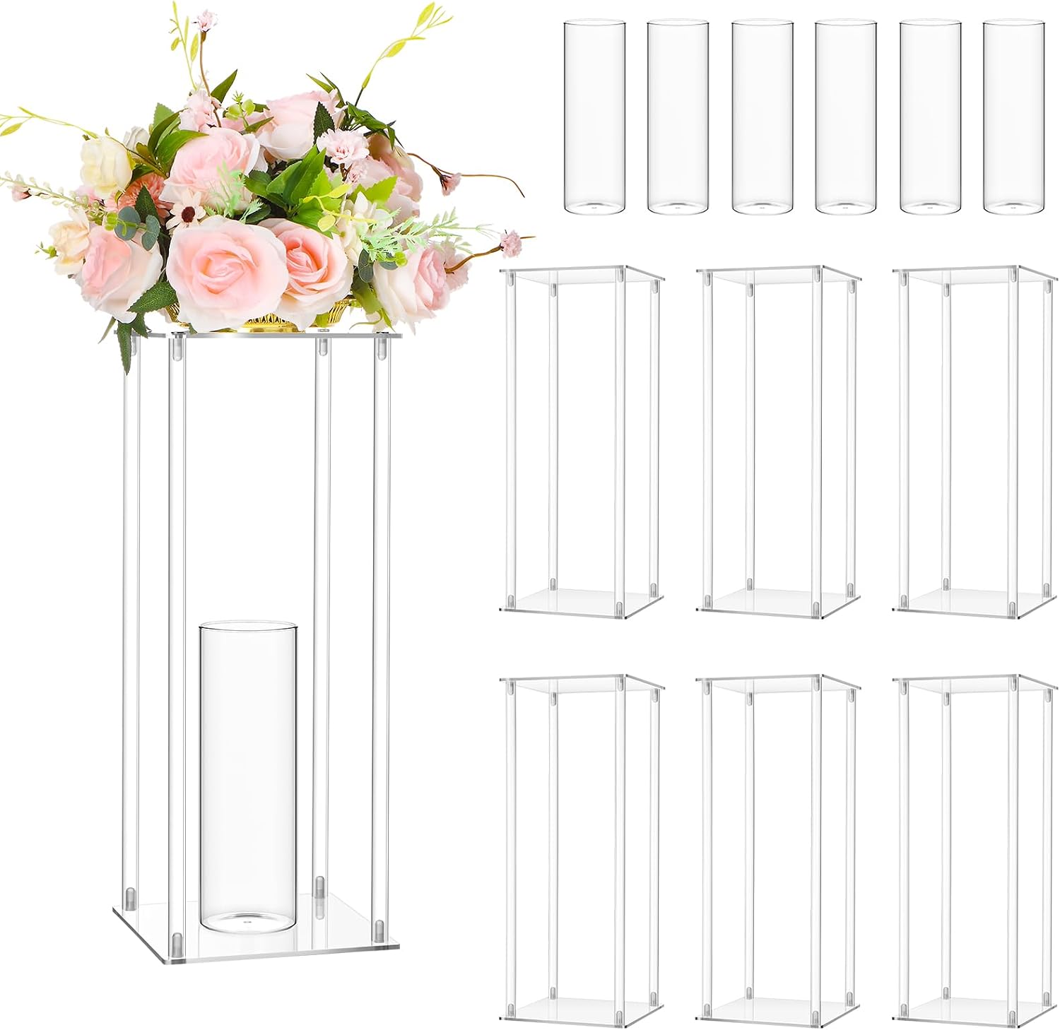 Sieral 6 Sets 20''Tall Clear Acrylic Flower Vase Wedding Centerpieces Flowers Stand with Glass Candle Holders Cylinder Vases, Transparent Flower Vases for Table Centerpiece Wedding Home (Large)