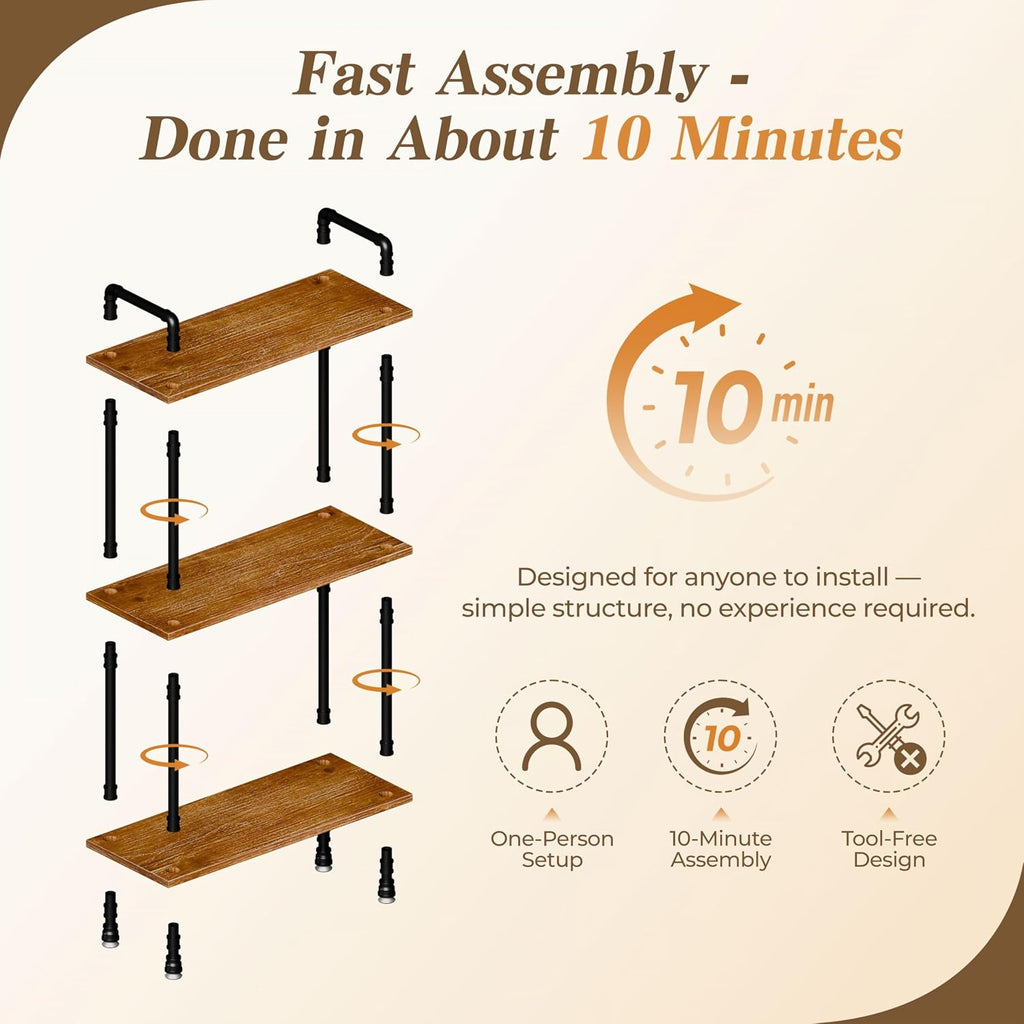 Industrial Bookshelf, Rustic Open Bookcase, 3 Tier Wood and Metal Bookshelves, Solid Pine Wood and Iron Pipe Storage Shelf Narrow Small Space Organizer for Living Room Office Bedroom Kitchen