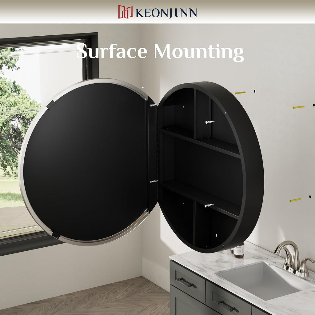 Keonjinn Round Brushed Nickel Medicine Cabinet Mirror for Bathroom, 26 Inch Surface Mount Medicine Cabinet with Mirror, Circular Framed Mirrored Medicine Cabinets, Modern Cabinet with Vanity Mirror