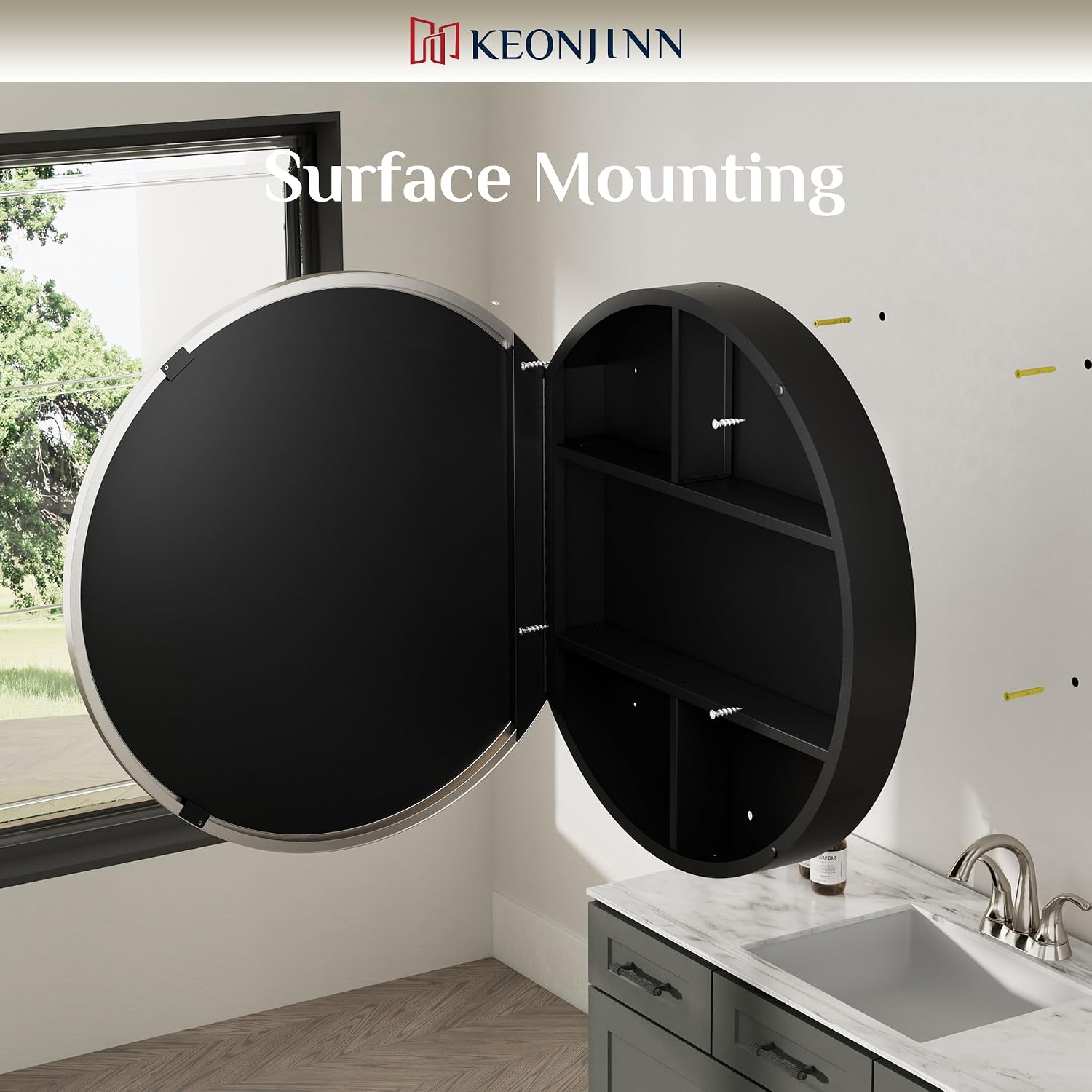 Keonjinn Round Brushed Nickel Medicine Cabinet Mirror for Bathroom, 26 Inch Surface Mount Medicine Cabinet with Mirror, Circular Framed Mirrored Medicine Cabinets, Modern Cabinet with Vanity Mirror