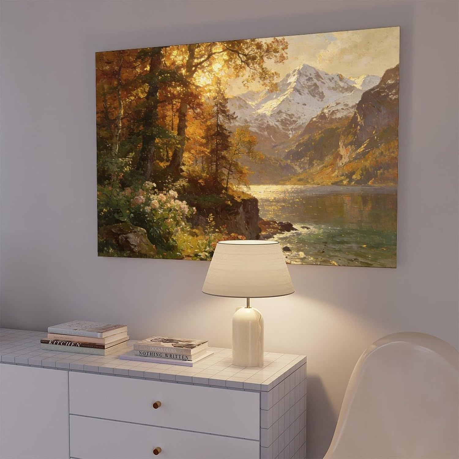 Autumn Mountain Lake Wall Art Print, Golden Forest And Snowy Peaks Landscape Painting, Scenic Nature Poster for Living Room Bedroom Decor 24x36inch(60x90cm)