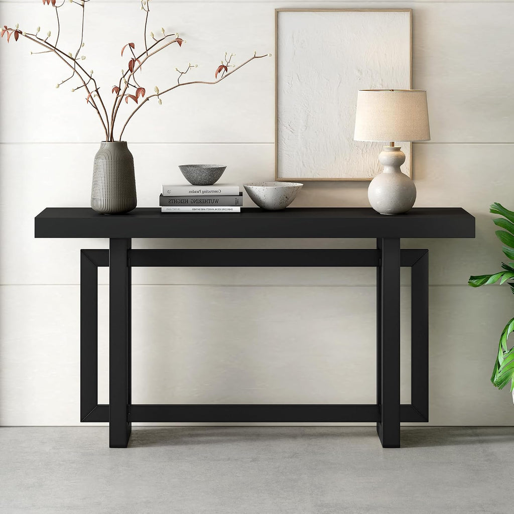 Merax Wood Entryway Console Table, Modern Line Frame with Industrial Concrete Top, for Living Room/Hallway/Foyer, Black