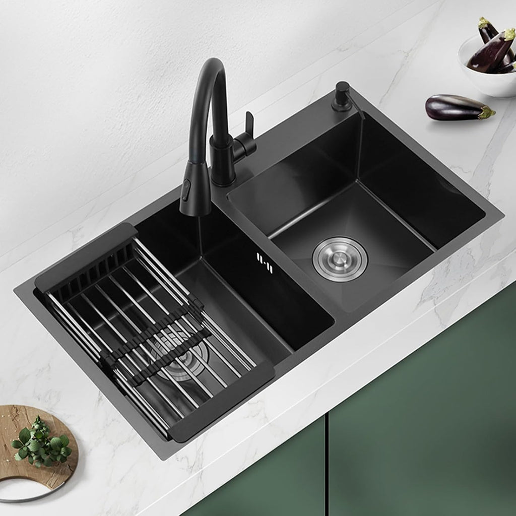 Black Kitchen Sink, Stainless Steel Single Bowl Sink, Drop in/Topmount Workstation Sink with Sliding Accessories, Farmhouse Workstation Sink with Accessories 75x45cm