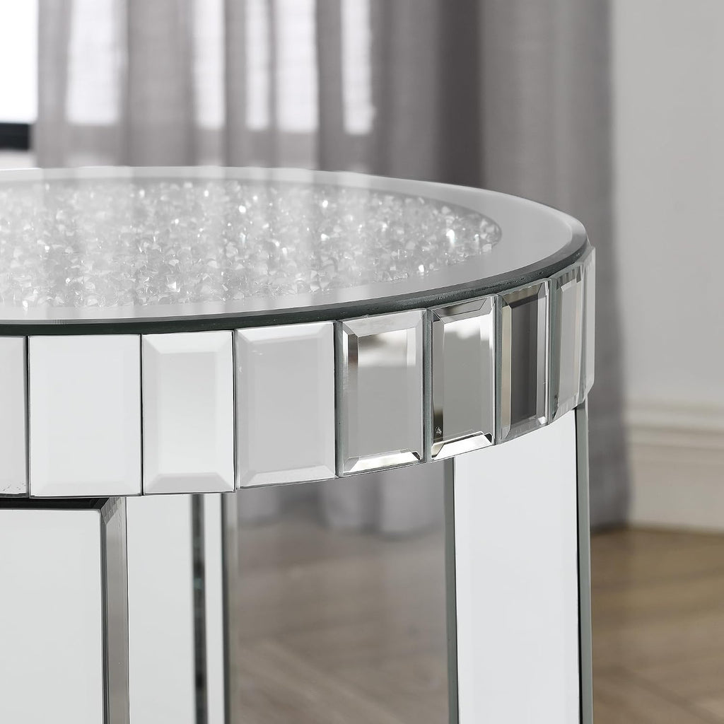 Mirrored Round End Table with Crystal, 2-Layer Modern Small Sofa Table with Storage Space, Silver Decorative Table for Living Room, Bedroom