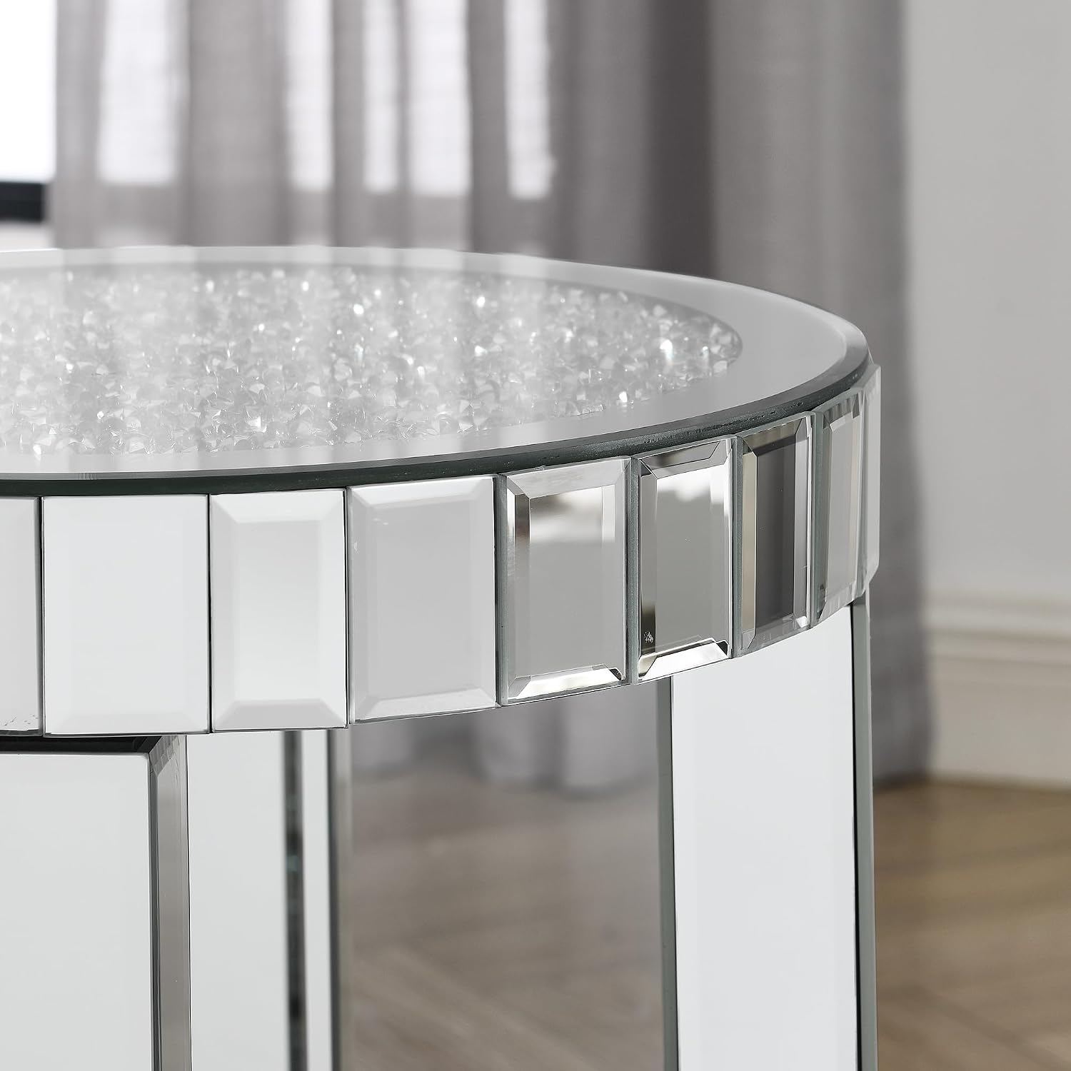 Mirrored Round End Table with Crystal, 2-Layer Modern Small Sofa Table with Storage Space, Silver Decorative Table for Living Room, Bedroom