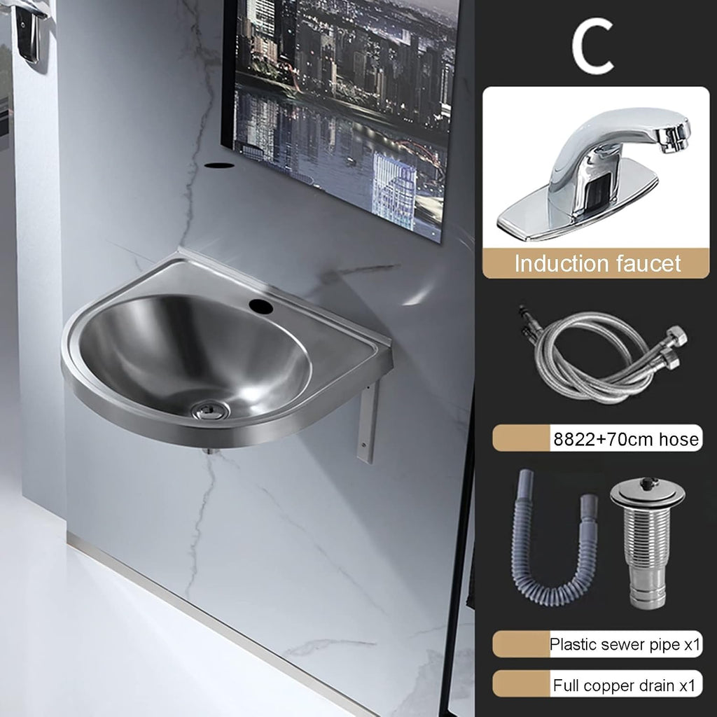 Stainless Steel Single Bowl Sink Wall-Mounted Triangle Wash Basin Kitchen Sink, Easy to Install(with Faucet and Inlet Pipe) (Color : Silver, Size : A) (Silver C)