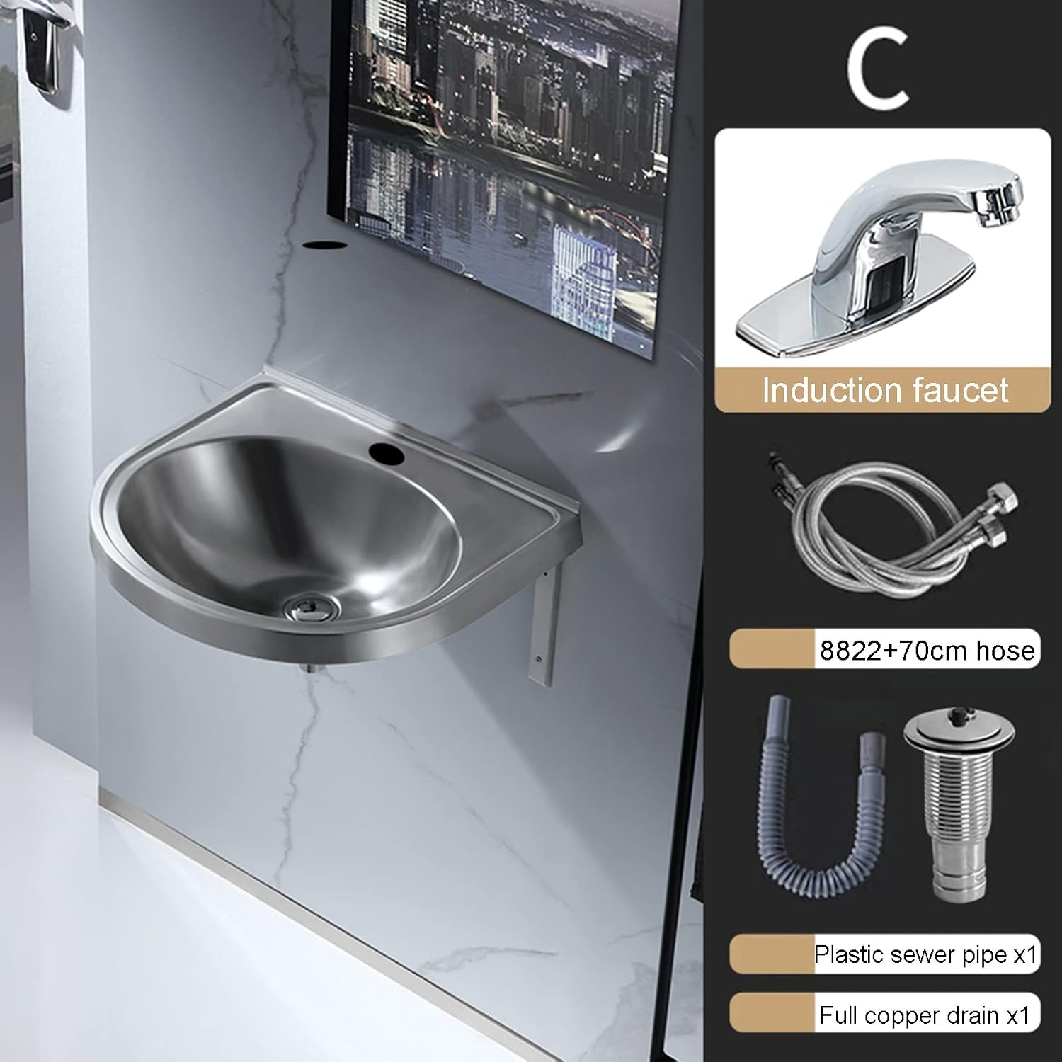 Stainless Steel Single Bowl Sink Wall-Mounted Triangle Wash Basin Kitchen Sink, Easy to Install(with Faucet and Inlet Pipe) (Color : Silver, Size : A) (Silver C)