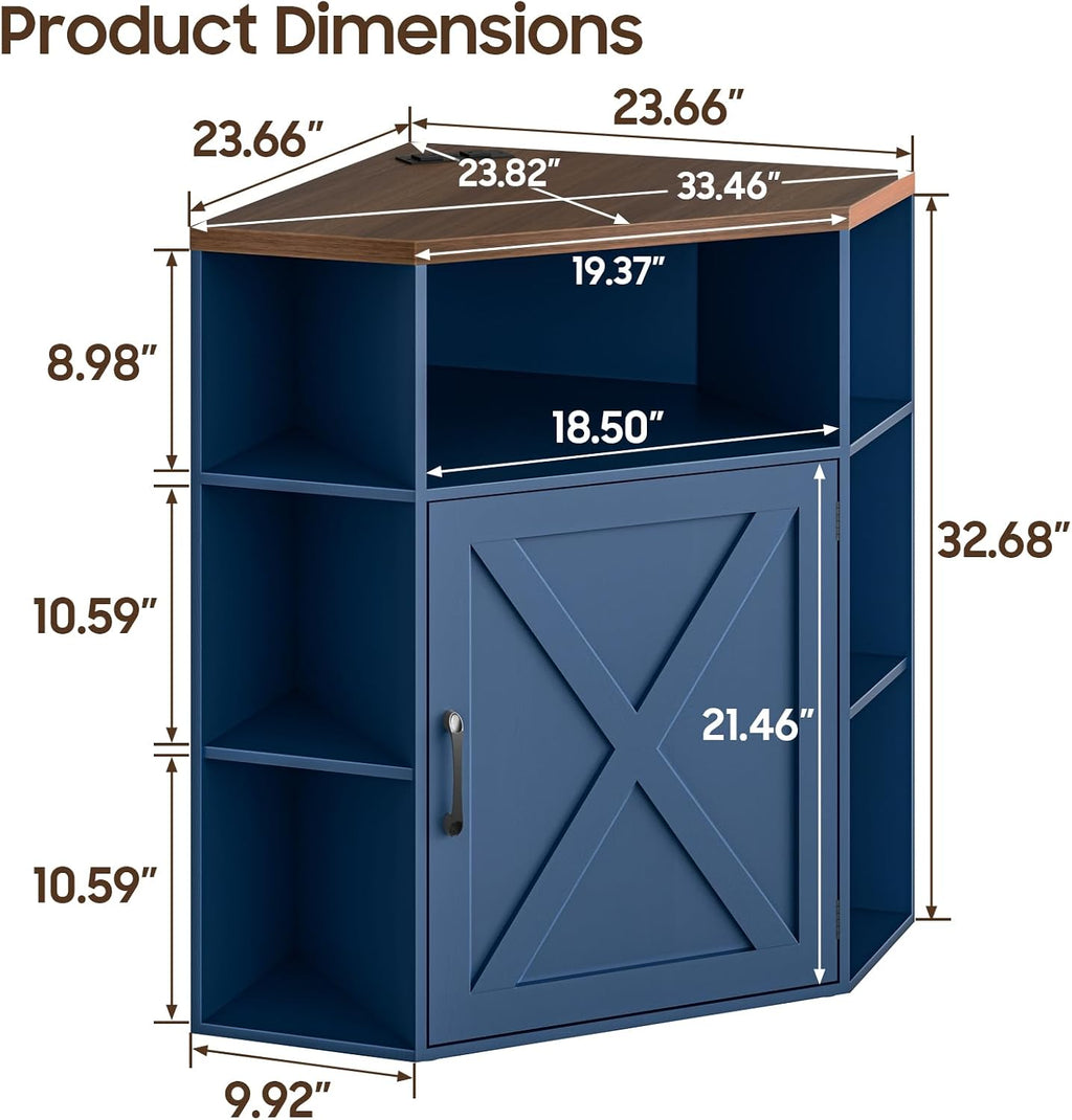 Halitaa Corner Storage Cabinet, Farmhouse Corner Bookshelf with Storage 6-Cubby Wooden Cabinet with USB Ports and Outlets Industrial Organizer for Small Space, Study, Playroom, Blue and Brown