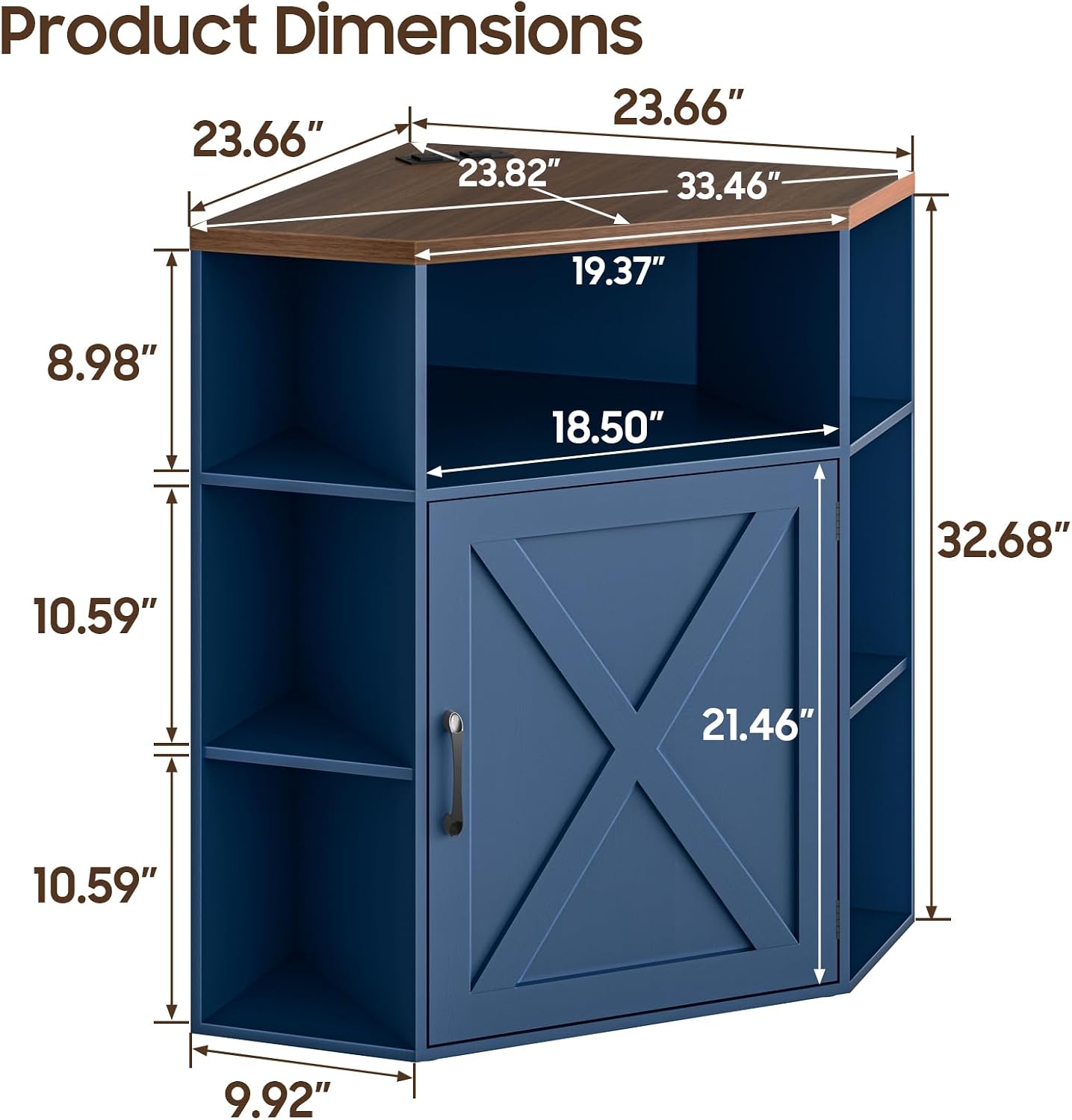 Halitaa Corner Storage Cabinet, Farmhouse Corner Bookshelf with Storage 6-Cubby Wooden Cabinet with USB Ports and Outlets Industrial Organizer for Small Space, Study, Playroom, Blue and Brown