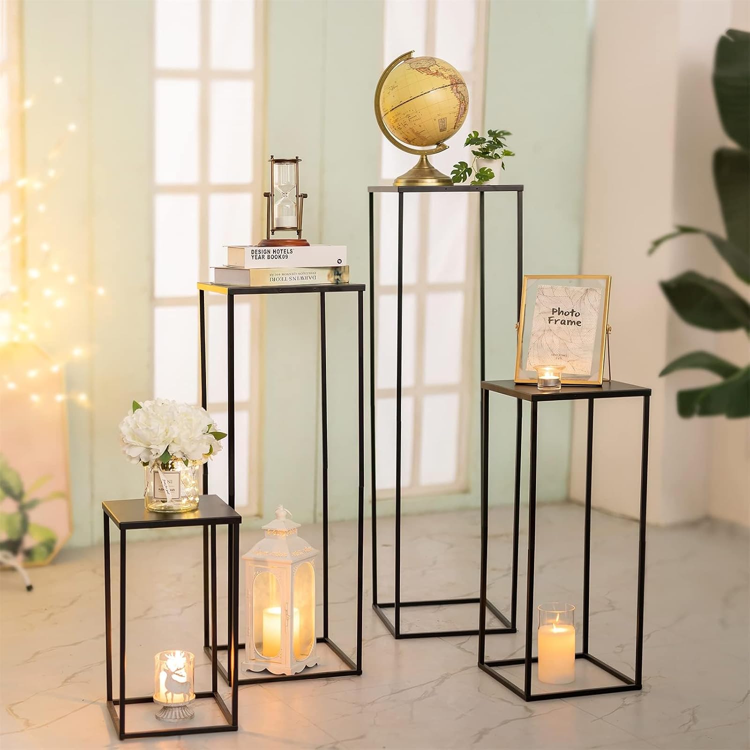 Sziqiqi Wedding Centerpieces Vase for Tables with Plates - 10 Pcs Metal Column Geometric Flower Stand 15.7in Black Flower Display Rack Decorations for T-Stage Reception Party Fiesta Event Home