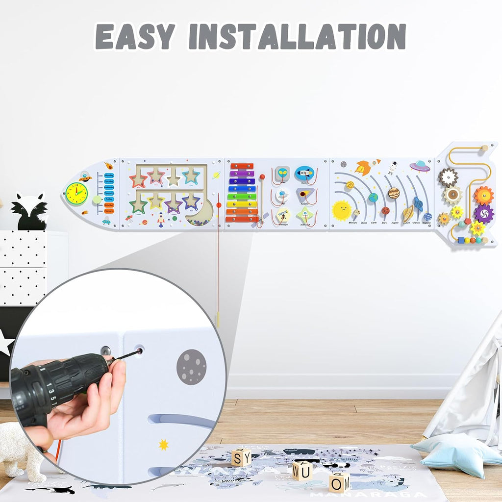 Rocket Activity Wall Busy Board Panels - Sensory Wall Panel for Kids, Montessori Toddler Wall Activity Board, Wall Toys for Toddlers 3, Activity Cube, Wood Activity Boards, White Grey