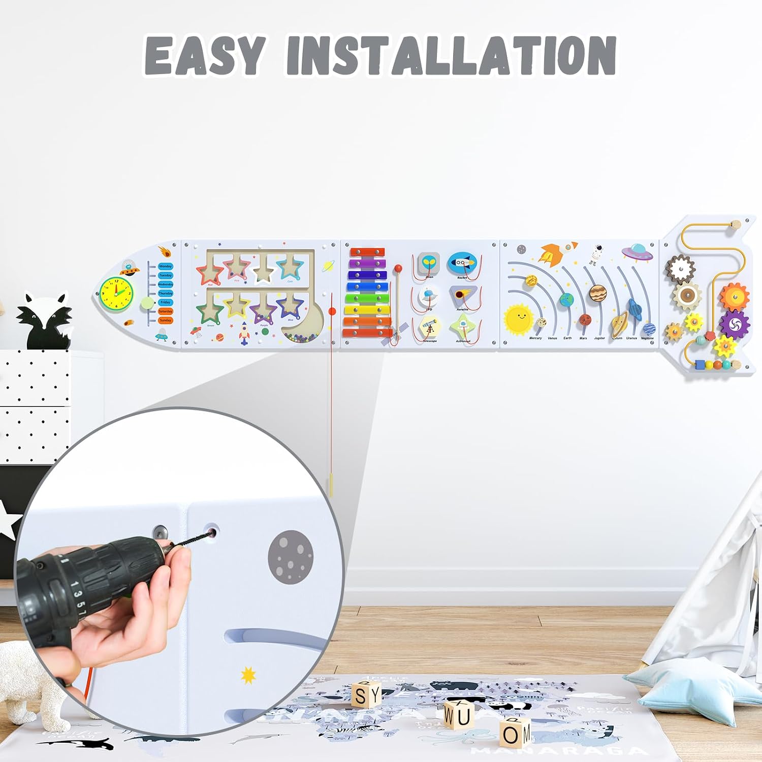 Rocket Activity Wall Busy Board Panels - Sensory Wall Panel for Kids, Montessori Toddler Wall Activity Board, Wall Toys for Toddlers 3, Activity Cube, Wood Activity Boards, White Grey