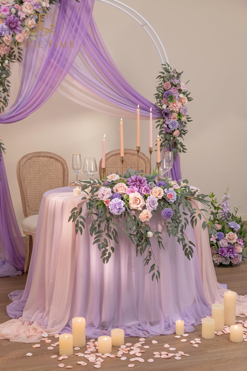 TINGE TIME Artificial Sweetheart Flower Swag with Tablecloth and Table Runner, Pack of 3 Floral Arrangement for Wedding Sweetheart Table Centerpiece Decoration (Violet & Misty Rose)