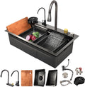 JATIBOSH Kitchen Sink,Flying Rain Waterfall Stainless Steel Sink, Drop in Workstation Single Bowl Sink, with Pressurized Cup Washer (Color : BK, Size : 68x45CM)