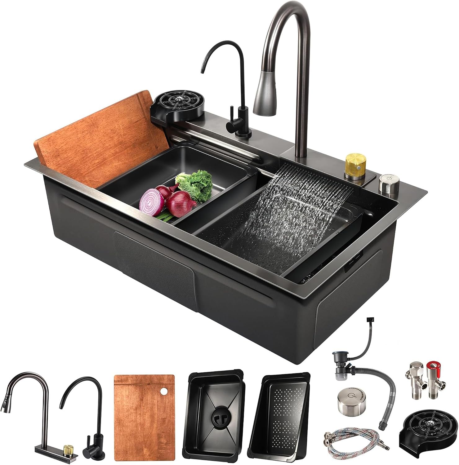 JATIBOSH Kitchen Sink,Flying Rain Waterfall Stainless Steel Sink, Drop in Workstation Single Bowl Sink, with Pressurized Cup Washer (Color : BK, Size : 68x45CM)