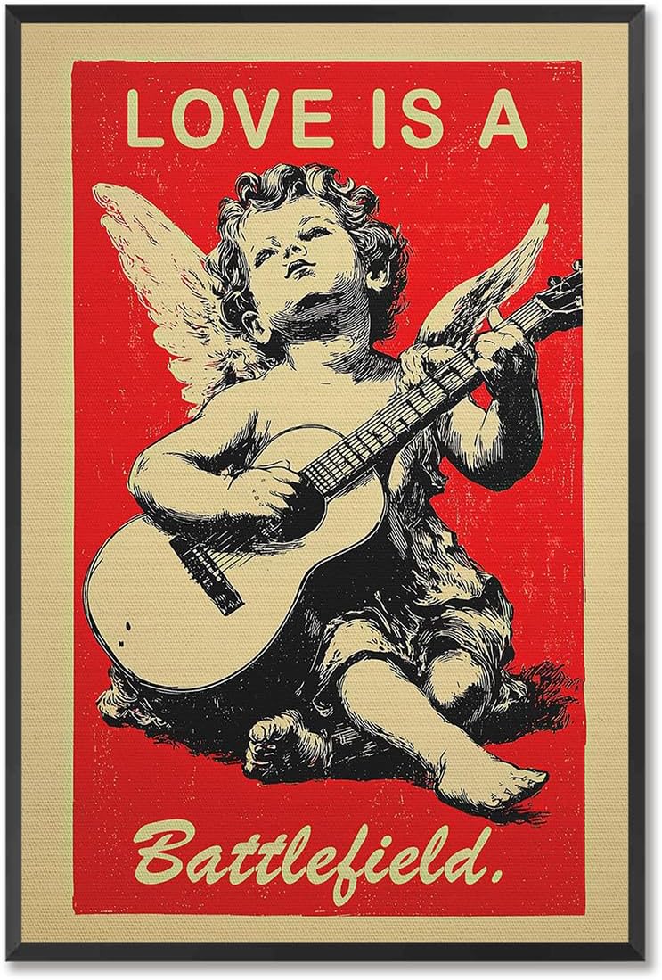 Love Is A Battlefield Framed Poster Angelic Musician Playing Acoustic Guitar Canvas Wall Art Valentine'S Day Prints Painting For Home Bedroom Dorm Wall Decor 24x36in Framed