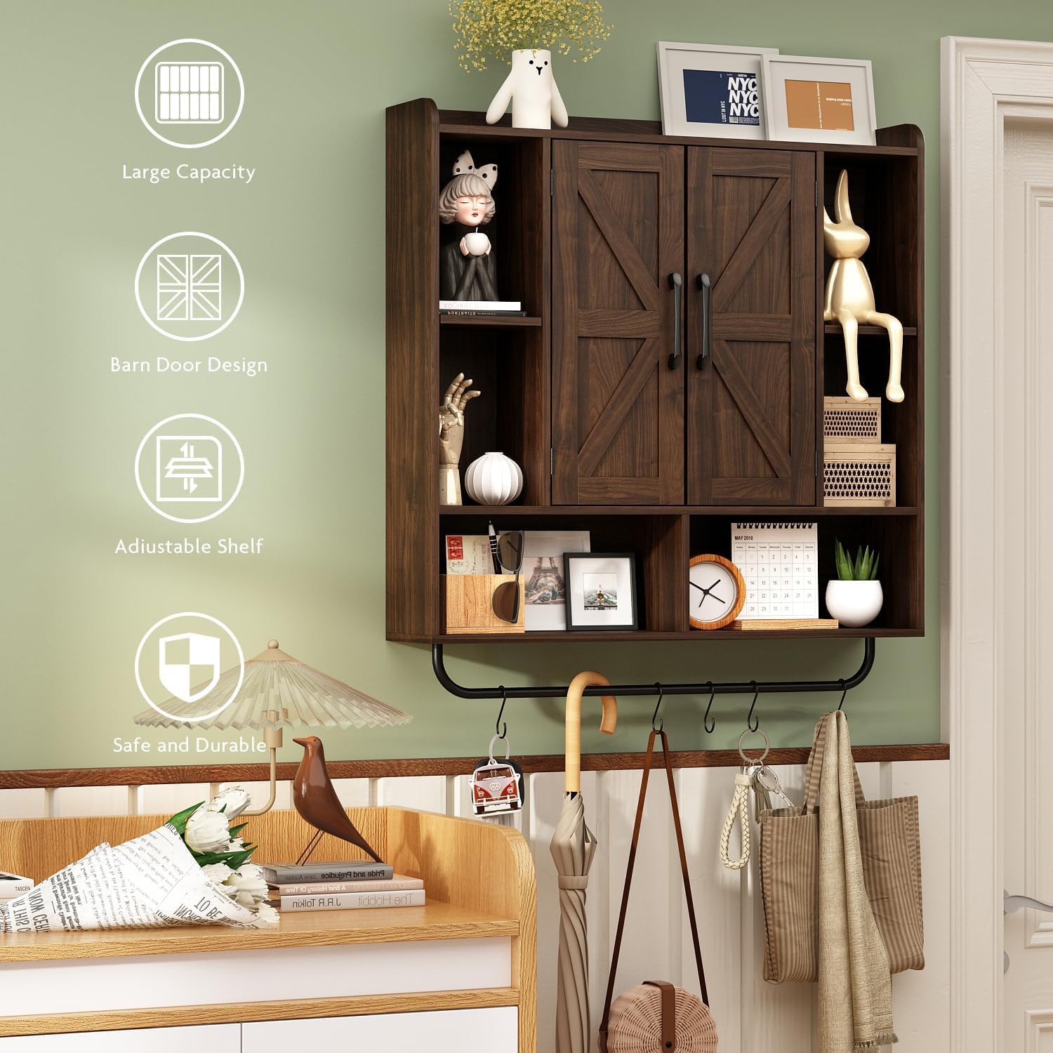 RUSTOWN Rustic Wood Wall Bathroom Cabinet, Farmhouse Medicine Cabinet Wall Mounted, Space Saving Wall Storage Cabinet with 2 Barn Door, 3-Tier Adjustable Shelves and Towel Bar(Dark Walnut)