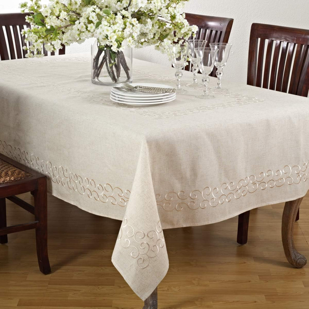 SARO LIFESTYLE Swirling Collection Design Tablecloth, 67' x 140', Natural