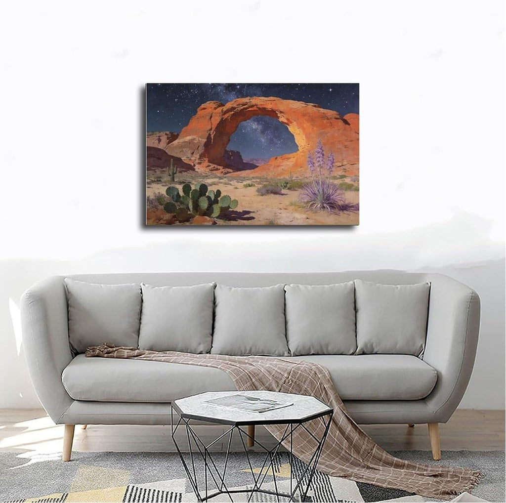 Frame Starry Night Desert Arch Wall Art Canvas Print, Milky Way Sky Over Red Rock Canyon Landscape Painting, Southwestern Cactus Decor 24x36inch(60x90cm)