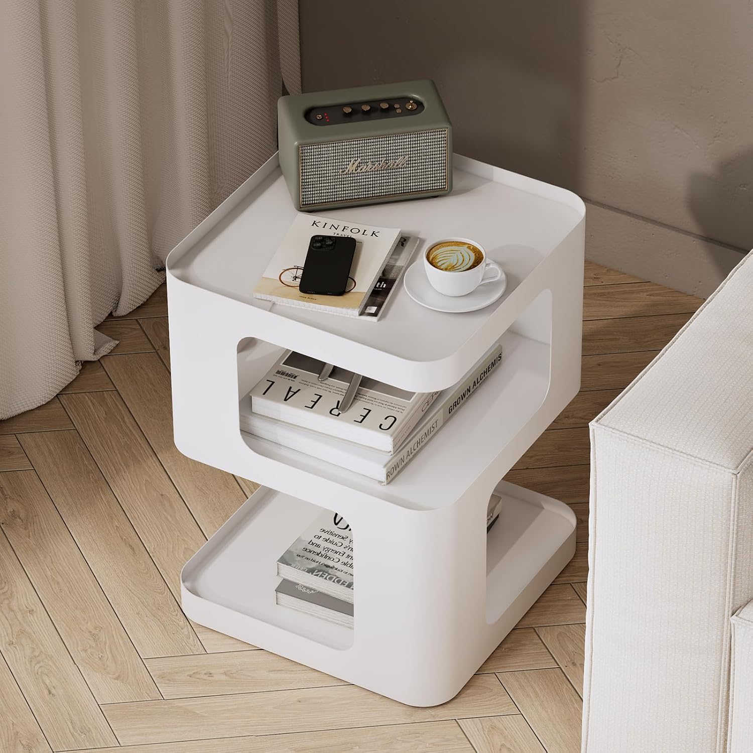 Modern Side Table for Sofa & Couch,White Metal Bedside Table,3 Tier end Tables with Storage for Living Room & Bedroom,Compact Nightstand for Small Spaces,No Assembly Required