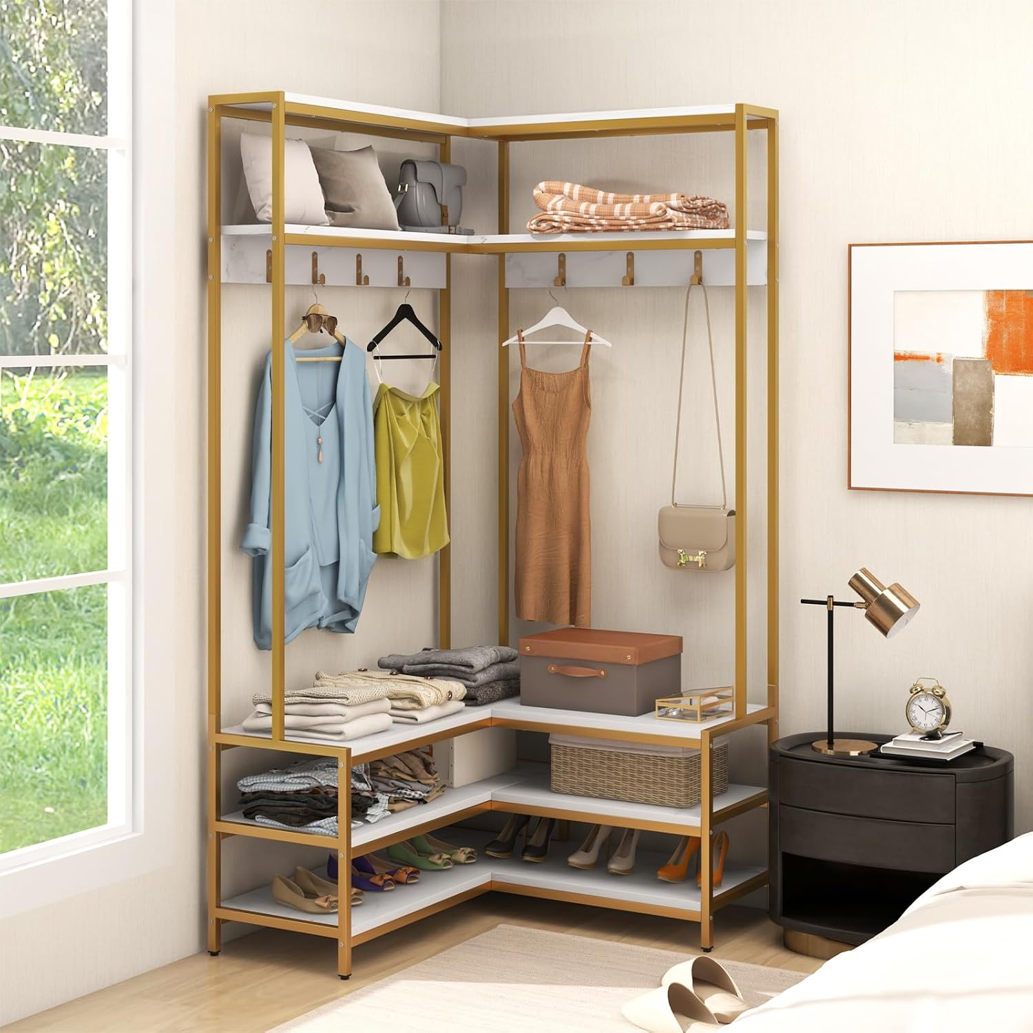 Tangkula Corner Hall Tree, 70 Inch Coat Rack with Bench and Shoe Storage, Entryway Furniture with 7 Hooks, Heavy Duty Metal Frame, Space Saving Clothes Rack Shoes Shelf Organizer (White)