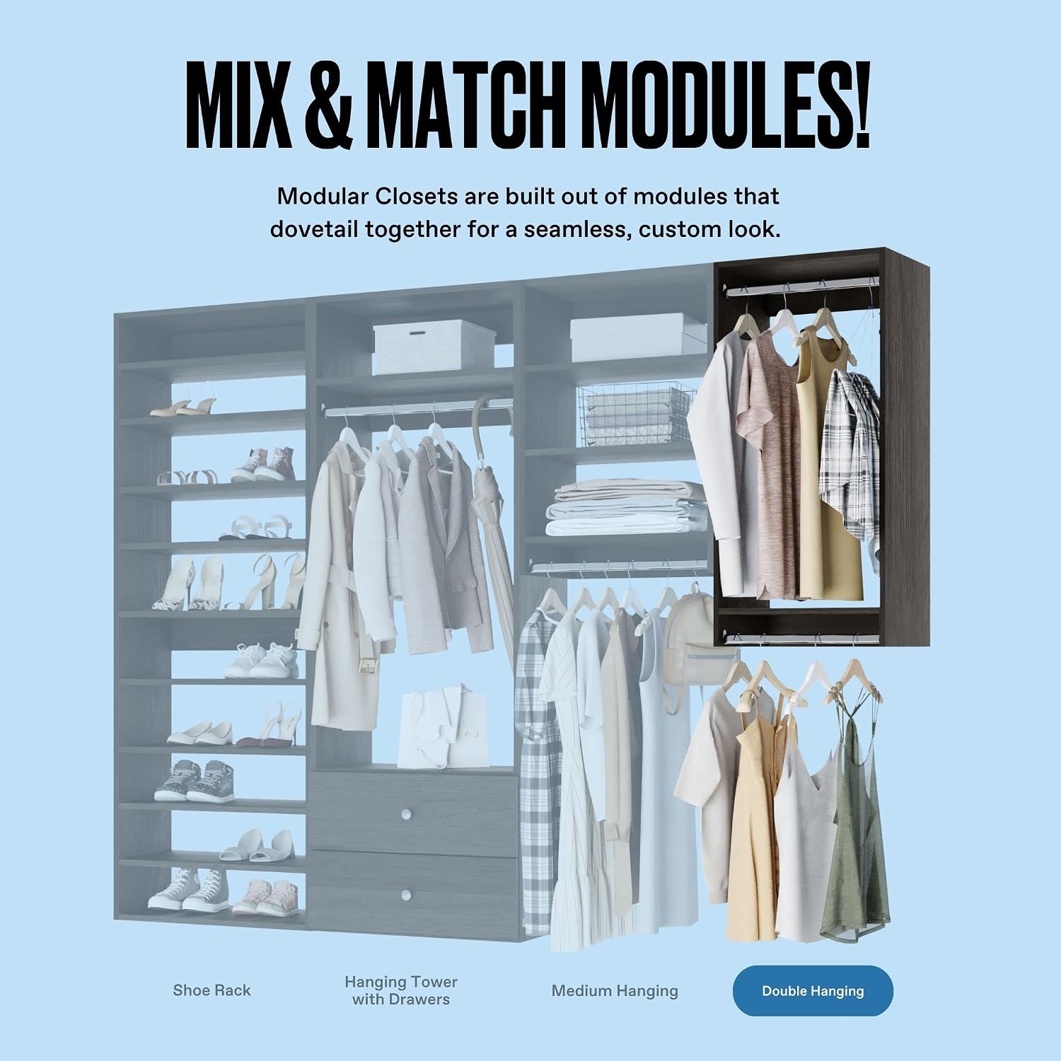 Double Hanging Closet Unit - Modular Corner Closet System - Grey, 18 inches Wide - Includes Shelves