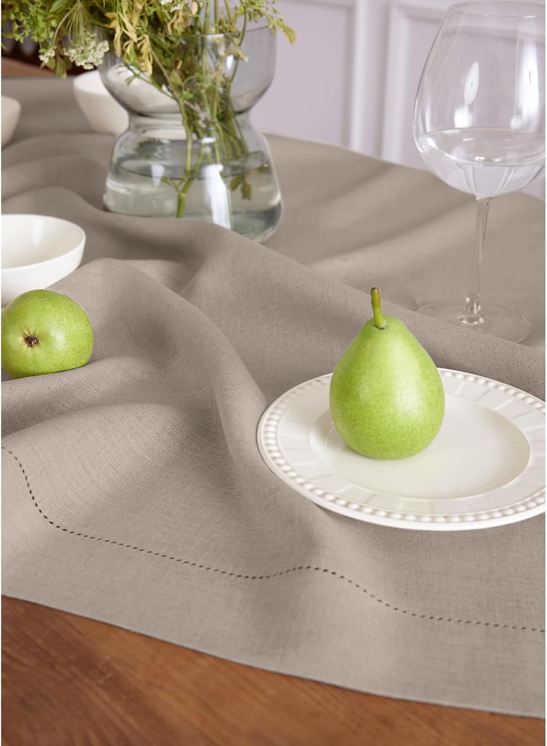Solino Home Natural Linen Tablecloth 60 x 120 Inch - 100% Pure Linen Hemstitch Table Cloth for Rectangle Tables - Classic Hemstitch, Machine Washable Tablecloth for Summer