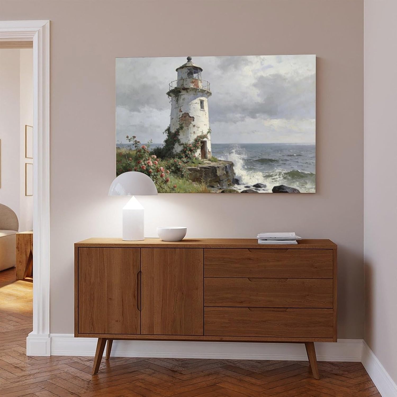 Frame Coastal Lighthouse Wall Art Poster Print, Vintage Rose Garden Seascape Painting, Nautical Ocean Waves Landscape Artwork Rustic Decor 24x36inch(60x90cm)