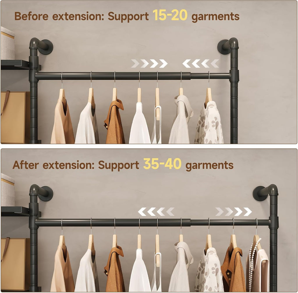 T1 Wall Mounted Closet System, Industrial Pipe Clothing Rack with 6 Wooden Shelves & 4 Telescopic Rods, Heavy Duty Closet Organizers and Storage in Wardrobe Closet (Black)